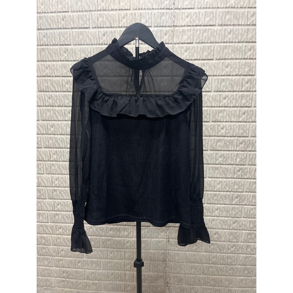 Cupshe Black Ruffle High Neck Sheer Sleeve Ribbed Knit Blouse Medium NEW